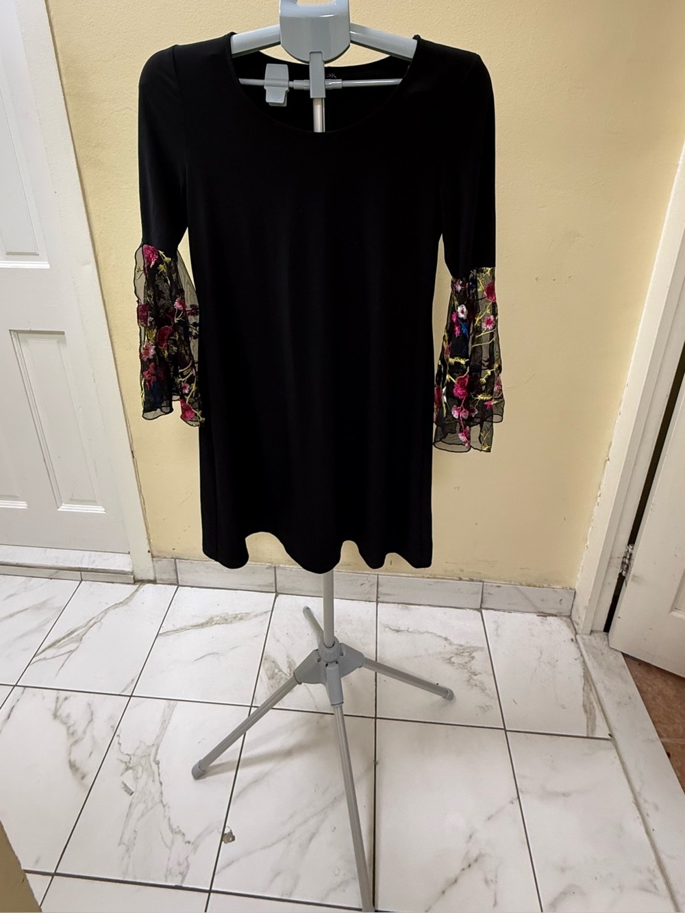 MSK Black Dress with Floral Mesh Bell Sleeves